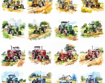 Watercolor Farm Tractors Clipart - 16 High Quality PNGs - Digital Download - Commercial Use - Card Making, Mixed Media, Digital Crafting