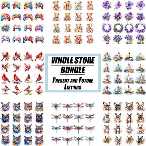 May include: A digital collage of watercolor illustrations featuring various themes, including video game controllers, teddy bears, purple flowers, lighthouses, cats wearing glasses, dragonflies, and French bulldogs. The text "WHOLE STORE BUNDLE PRESENT AND FUTURE LISTINGS" is displayed in the center of the image.