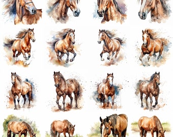Watercolor Brown Horse Clipart - 16 High Quality PNGs - Digital Download - Commercial Use - Card Making, Mixed Media, Digital Crafting