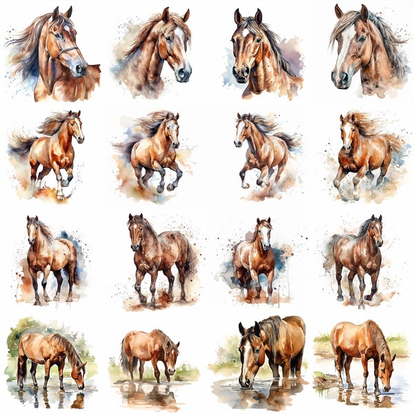 Watercolor Brown Horse Clipart - 16 High Quality PNGs - Digital Download - Commercial Use - Card Making, Mixed Media, Digital Crafting