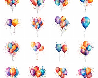 Watercolor Party Balloons Clipart - 16 High Quality PNGs - Digital Download - Commercial Use - Card Making, Mixed Media, Digital Crafting