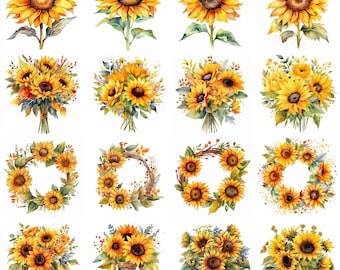 Watercolor Sunflower Clipart - 16 High Quality PNGs - Digital Download - Commercial Use - Card Making, Mixed Media, Digital Paper Craft