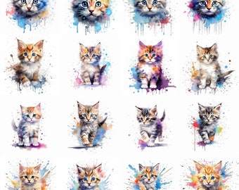 Watercolor Cute Kittens Clipart - 16 High Quality PNGs - Digital Download - Commercial Use - Card Making, Mixed Media, Digital Crafting