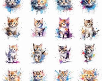 Watercolor Cute Kittens Clipart - 16 High Quality PNGs - Digital Download - Commercial Use - Card Making, Mixed Media, Digital Crafting