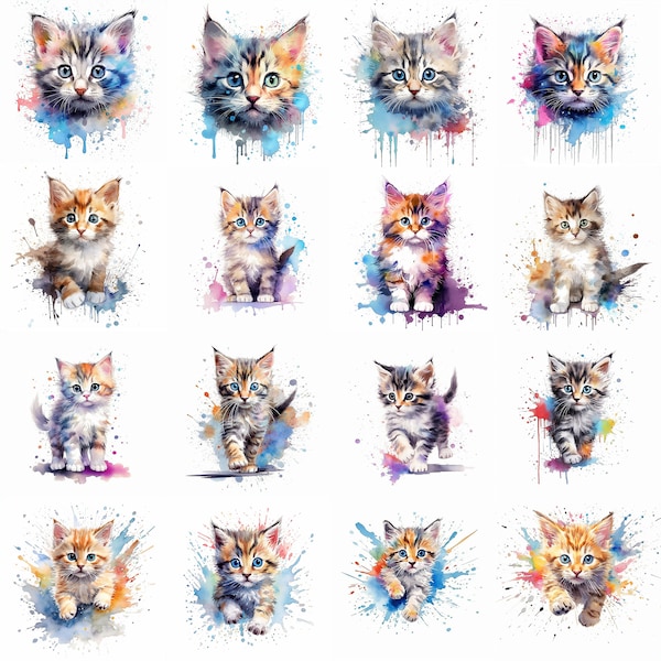 Watercolor Cute Kittens Clipart - 16 High Quality PNGs - Digital Download - Commercial Use - Card Making, Mixed Media, Digital Crafting