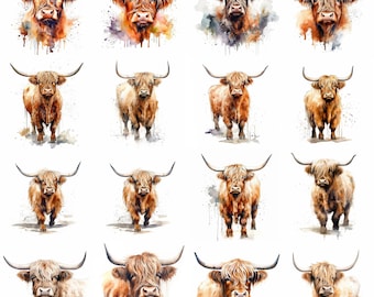 Watercolor Highland Cows Clipart - 16 High Quality PNGs - Digital Download - Commercial Use - Card Making, Mixed Media, Digital Crafting