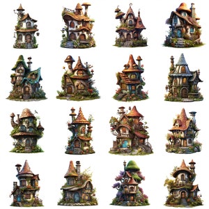 May include: A collection of 14 whimsical, colorful, and detailed miniature fairy houses with intricate designs, each with a unique style and charm.