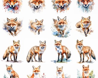 Watercolor Red Fox Clipart - 16 High Quality PNGs - Digital Download - Commercial Use - Card Making, Mixed Media, Digital Crafting