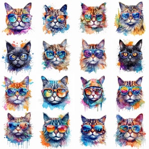 Clipart de gatos legais em aquarela - 16 PNGs de alta qualidade - Download digital - Uso comercial - Criação de cartões, mídia mista, artesanato digital