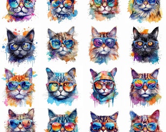 Watercolor Cool Cats Clipart - 16 High Quality PNGs - Digital Download - Commercial Use - Card Making, Mixed Media, Digital Crafting