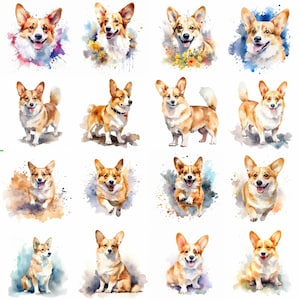 Aquarell niedliche Corgis Hunde Clipart - 16 hochwertige PNGs - digitaler Download - kommerzielle Nutzung - Kartenherstellung, Mixed Media, digitales Basteln