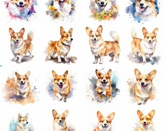Watercolor Cute Corgi Dogs Clipart - 16 High Quality PNGs - Digital Download - Commercial Use - Card Making, Mixed Media, Digital Crafting