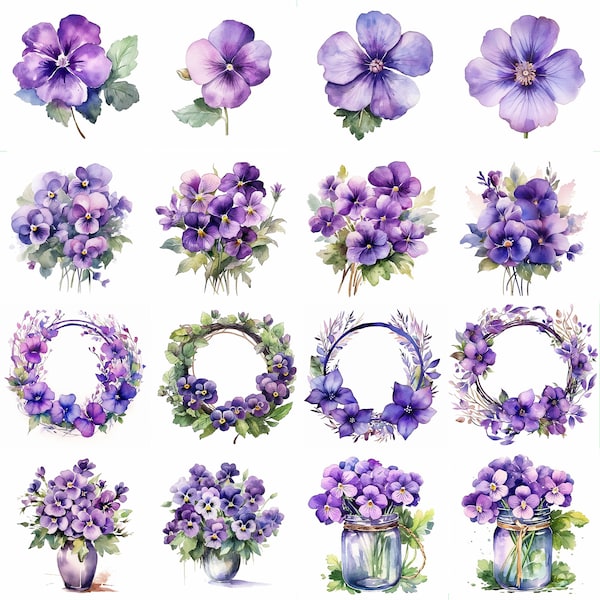 Watercolor Violets Clipart - 16 High Quality PNGs - Digital Download - Commercial Use - Card Making, Mixed Media, Digital Paper Craft