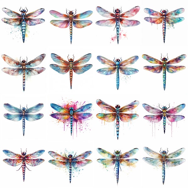 Watercolor Dragonfly Clipart - 16 High Quality PNGs - Digital Download - Commercial Use - Card Making, Mixed Media, Digital Crafting