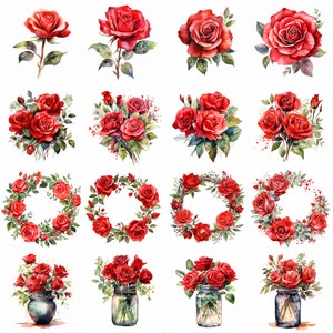 Watercolor Red Rose Clipart - 16 High Quality PNGs - Digital Download - Commercial Use - Card Making, Mixed Media, Digital Paper Craft