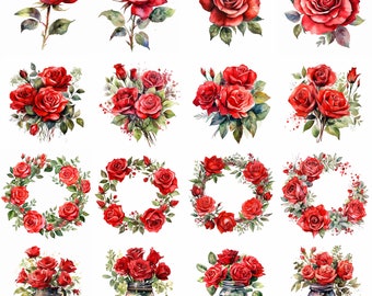 Watercolor Red Rose Clipart - 16 High Quality PNGs - Digital Download - Commercial Use - Card Making, Mixed Media, Digital Paper Craft