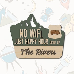 Happy Camper Sign – No WiFi Just Happy Hour, National Park Style Camping Decor for Campsite