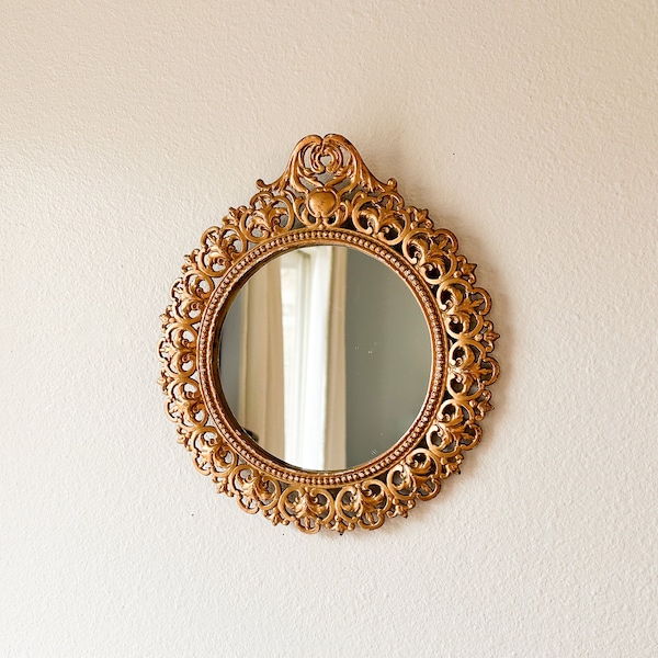 Vintage Ornate Gold Round Cast Iron Mirror