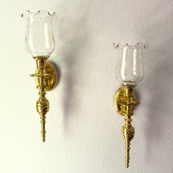 Brass Wall Sconce Pair with Etched Glass