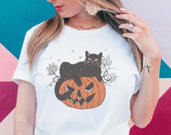 Halloween Black Cat Design, Black Cat on Pumpkin shirt, shirt for fall, Black Cat t-shirt, Fall Shirt