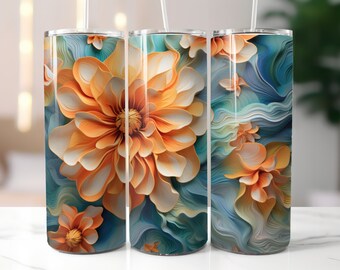 3D Orange und Petrol Blumen 20 oz Skinny Becher Sublimation Design, gerade und konisch Tumbler Wrap PNG
