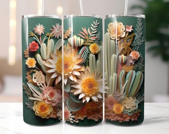 3D Succulent Cactus Flower 20 Oz Tumbler Sublimation Design, Straight & Tapered Tumbler Wrap PNG / SVG