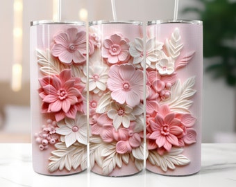 3D Pink and White Pastel Flowers 20 oz Skinny Tumbler Sublimation Design, Straight & Tapered Tumbler Wrap PNG