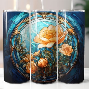 Stained Glass Rose 20 oz Skinny Tumbler Sublimation Design, Straight & Tapered Tumbler Wrap PNG