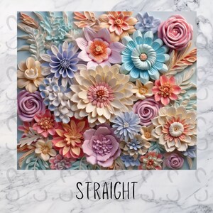 May include: A colourful arrangement of paper flowers in shades of pink, blue, white, and yellow. The flowers are layered and overlapping, creating a 3D effect. The background is a light blue.
