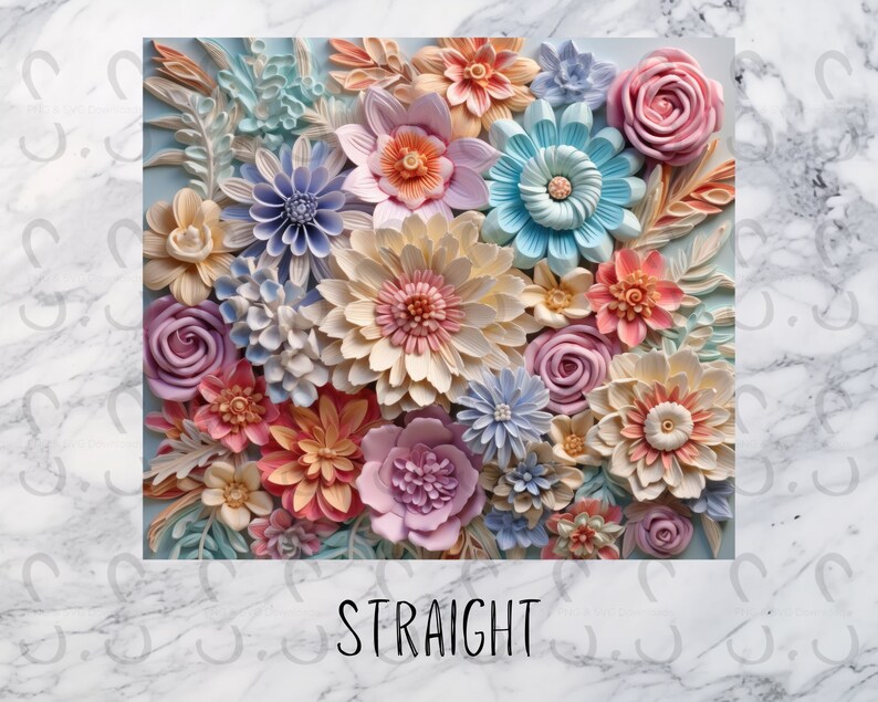 May include: A colourful arrangement of paper flowers in shades of pink, blue, white, and yellow. The flowers are layered and overlapping, creating a 3D effect. The background is a light blue.