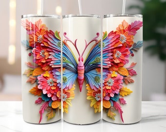 3D Colorful Butterfly 20 oz Skinny Tumbler Sublimation Design, Straight & Tapered Tumbler Wrap PNG