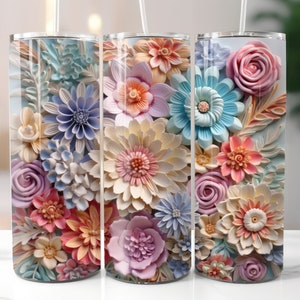 Envoltura de vaso 3D de flores pastel, patrón floral ecléctico para amantes de las flores, envoltura de vaso recta y cónica PNG