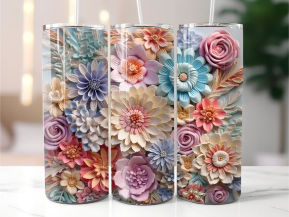Pastel Flowers 3D Tumbler Wrap, Eclectic Floral Pattern for Flower Lover, Straight and Tapered Tumbler Wrap PNG