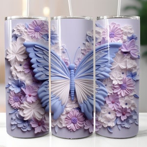 Cute 3D Purple Butterfly Tumbler Wrap, Floral Wrap, Skinny Tumbler Wrap PNG