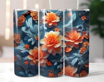 3D Blaue und Orange Blumen 20 oz Skinny Tumbler Sublimation Design, gerade und konisch Tumbler Wrap PNG