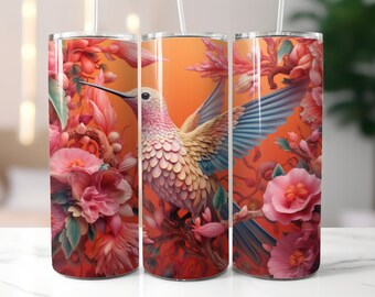 3D Hummingbird & Pink Flowers 20 Oz Tumbler Sublimation Design, Straight and Tapered Tumbler Wrap PNG / SVG