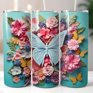 3D Clay Butterfly 20 oz Skinny Tumbler Sublimation Design, Straight & Tapered Tumbler Wrap PNG