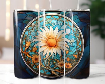Stained Glass Daisy 20 oz Skinny Tumbler Sublimation Design, Straight & Tapered Tumbler Wrap PNG