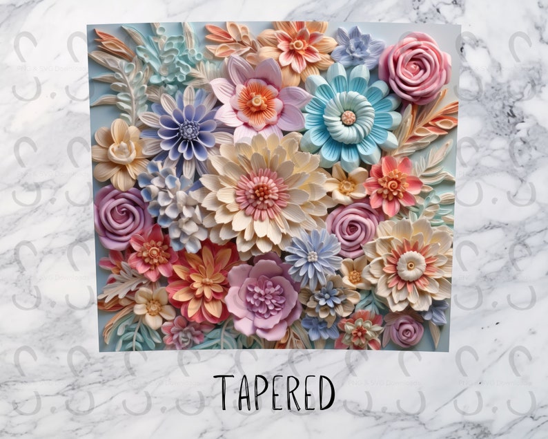 May include: A close-up of a 3D floral arrangement featuring a variety of pastel-coloured flowers, including pink, blue, yellow, and white. The flowers are arranged in a cluster and have a textured, layered appearance. The word "TAPERED" is written in black letters at the bottom of the image.