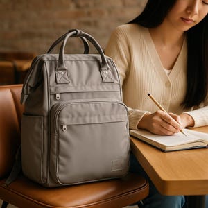 May include: A gray, water-resistant backpack with multiple pockets and a zippered front compartment. The backpack is sitting on a brown leather chair.