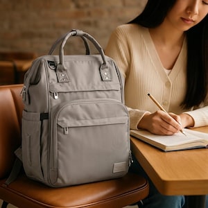 May include: A light gray backpack featuring a structured top handle, a large front zippered pocket, and side pockets. The bag has a rectangular silhouette with silver-toned metal zippers and a small rectangular label on the bottom right corner.