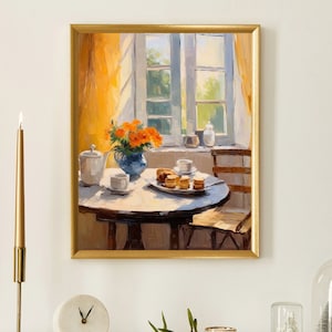 Kunstdruck Küche, Französische Wandkunst, Herbst, Frühstück, Esszimmer, Vintage-Stil, Ölmalerei, Cafe Art, Gebäck, Kaffee