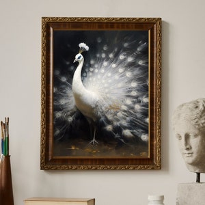 Vintage Style White Peacock Art Print, Victorian Home Decor, Wall Art, Elegant, Black and White, Fall, Autumn, Living Room Art