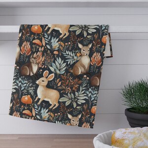 Folklore Fall Tea Towel, Tea Towel Gift, Cozy, Spring, Unique Decor, Whimsical, Cottagecore, Chinoiserie, Funky, Forest Animals, Bunnies