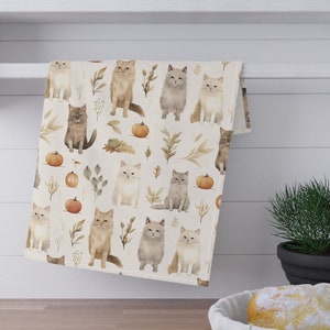Fall Cats Tea Towel, Cat Print Kitchen Tea Towel, Thanksgiving Kitchen Decor, Cute, Cat Towel, Cat Decor, Cat Lover, Tea Towel Gift