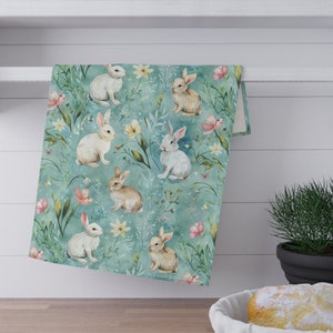 Torchon de Pâques, lapins, décoration de cuisine, lapins, bohème, folklore, cottagecore, pastel, turquoise, printemps, mignon, cadeau torchon
