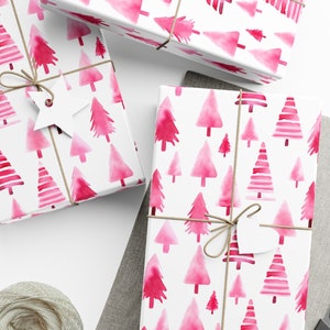 Pink Christmas Gift Wrapping Paper, Christmas Trees, Stationary, Watercolor, Girly, Pastel Colors, Pink Christmas, Whimsical, For Daughter