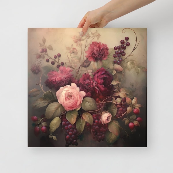 Moody Floral Art Print, Antique Style Wall Art, Oil Painting Style, Dramatic, Romantic, Burgundy, Fruit, Still Life, Flowers, Maroon