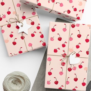 Cherry Print Gift Wrapping Paper, Baby Shower, Fruit Theme, 1st Birthday, Kids Birthday, Summer, Cherries,Pastel, Pink Aesthetic, Spring