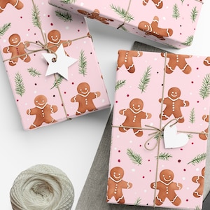 Cute Pastel Christmas Gingerbread Men Gift Wrapping Paper, Whimsical Gift Wrap, Cottagecore, Light Pink, For Daughter, Kids, Little Girl